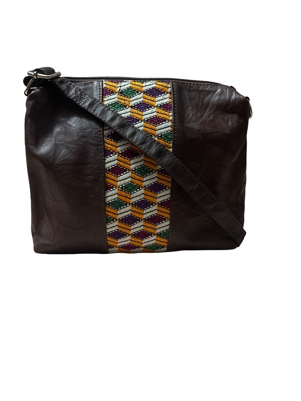 Handmade Dark Brown Leather Crossbody Bag with Embroidered Geometric Panel